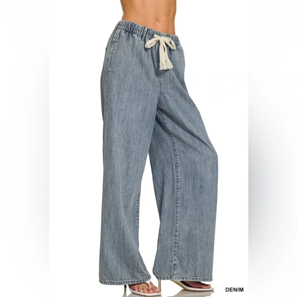 Zenana Wide Leg Denim Pants Drawstring Elastic Waist High Rise Small NWT - Picture 9 of 13
